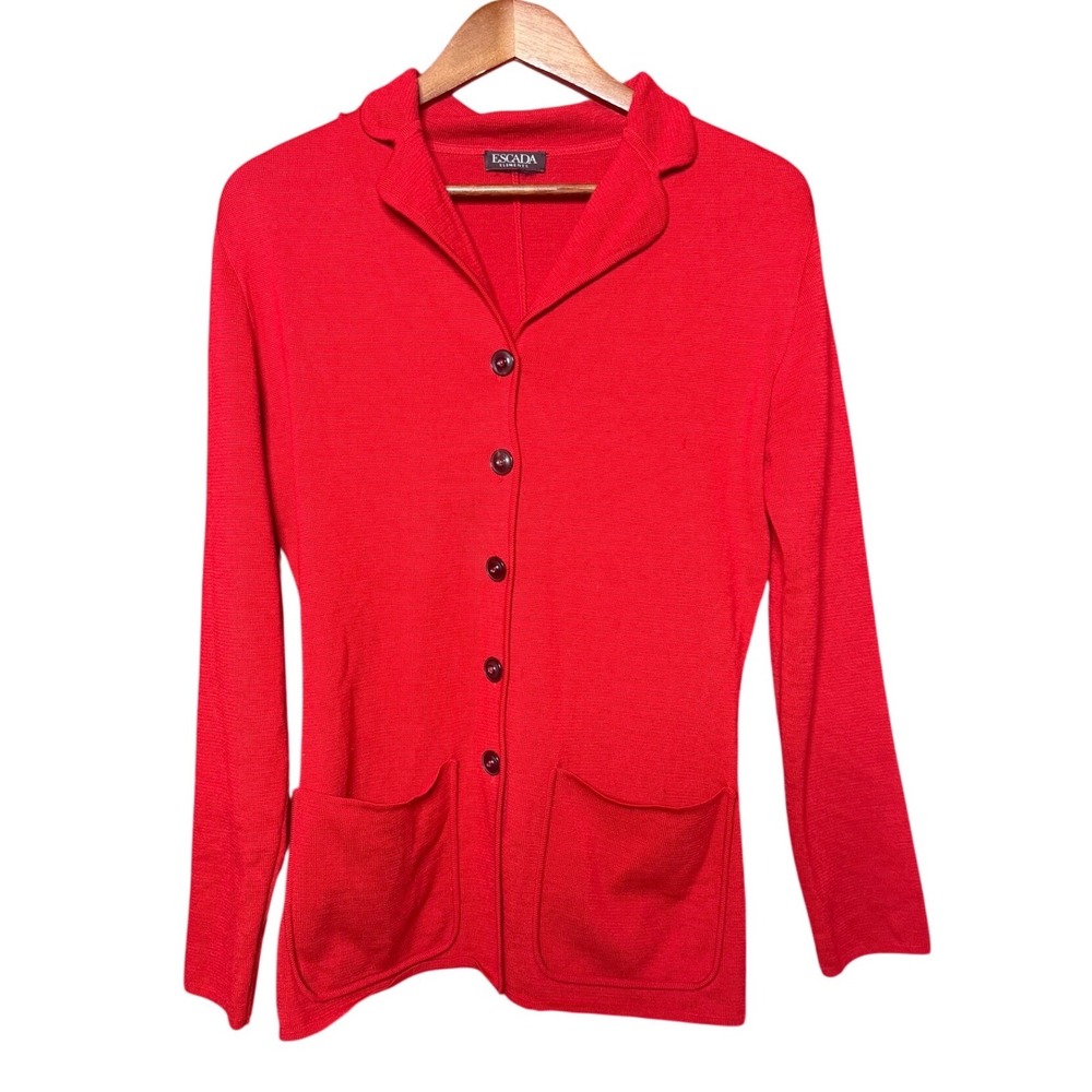 Escada Elements Cardigan Women 40 Red Virgin Wool Button Front Knit Pocket